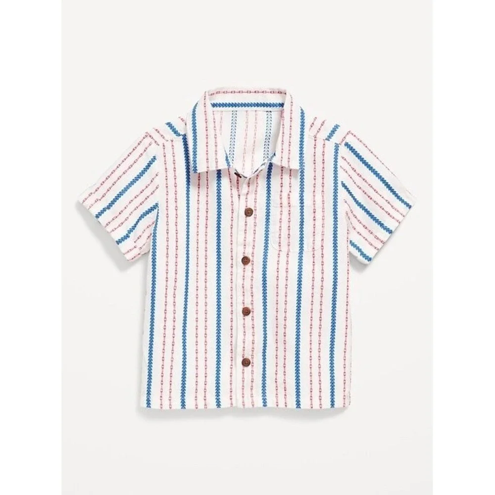 Old Navy Boys 4T Button Down Shirt Red Blue Stripe Short Sleeve Cotton